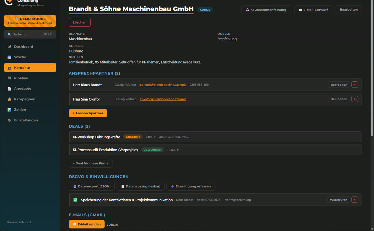 Firmendetailseite mit Ansprechpartnern, Deals und DSGVO-Einwilligungen