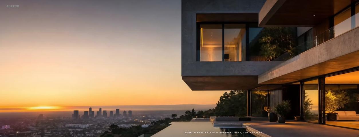 Startansicht der Demo-Website HALVARD ESTATES: eine moderne Villa über einer Stadtsilhouette im Abendlicht.