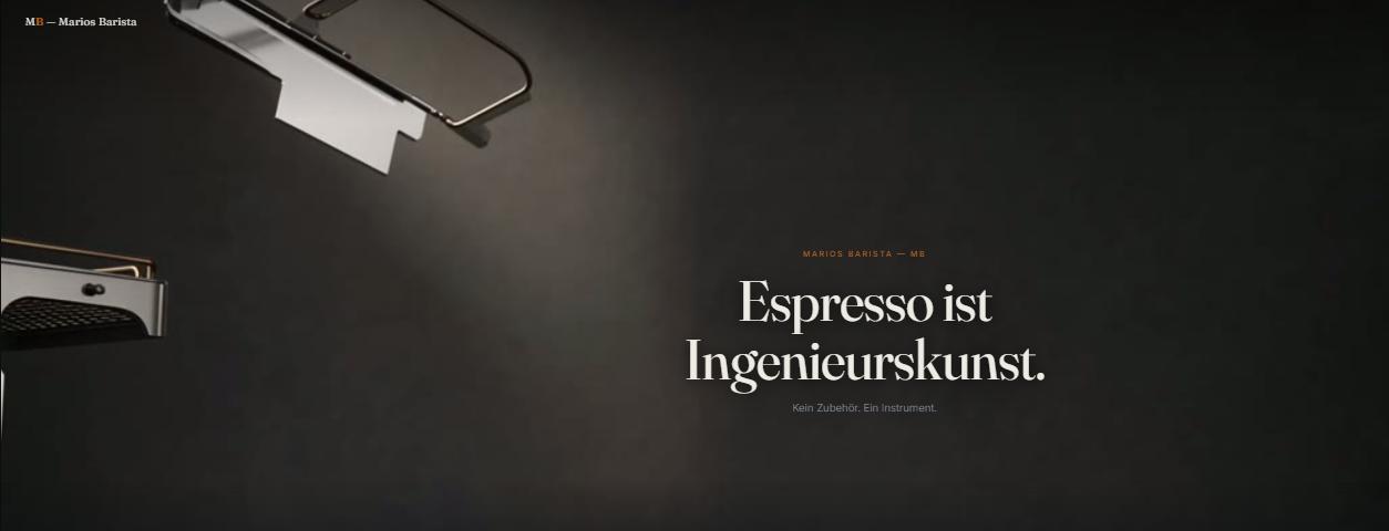 Startansicht der Demo-Website Marios Barista: eine Espressomaschine im Halbdunkel mit der Überschrift Espresso ist Ingenieurskunst.