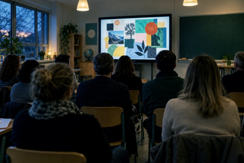 Eltern sitzen am Abend in einem Klassenzimmer und schauen auf einen Bildschirm mit einem Schülerprojekt.