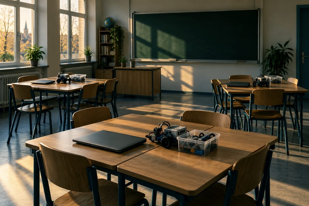 Ein leeres Klassenzimmer, vorbereitet für eine AG, mit Laptops und Robotik-Bausätzen auf den Tischen.