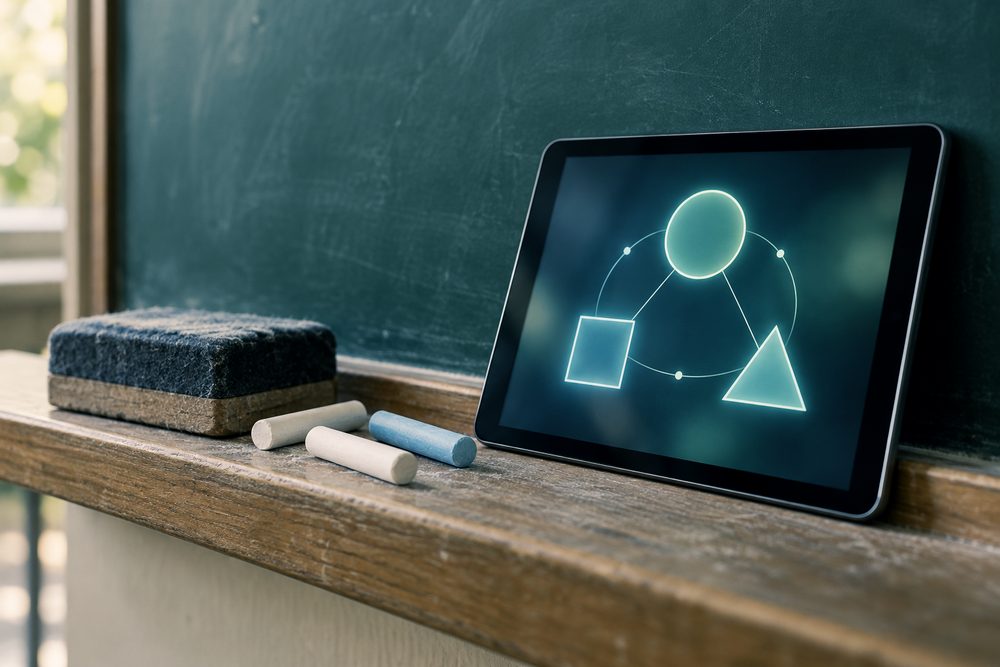 Kreide und Tafelschwamm auf der Ablage einer Schultafel, daneben ein Tablet mit einem einfachen Diagramm.