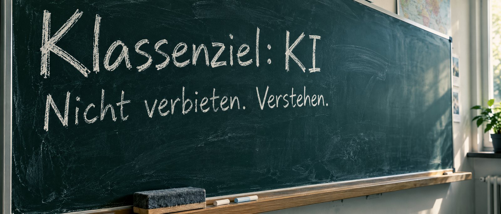 Schultafel mit der Kreide-Aufschrift: Klassenziel: KI. Nicht verbieten. Verstehen.